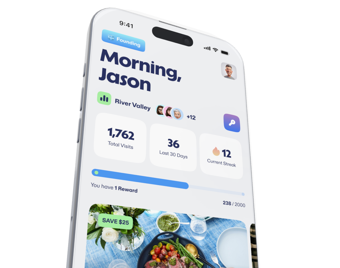 The TIBC app, showing a member's visits, streak and rewards